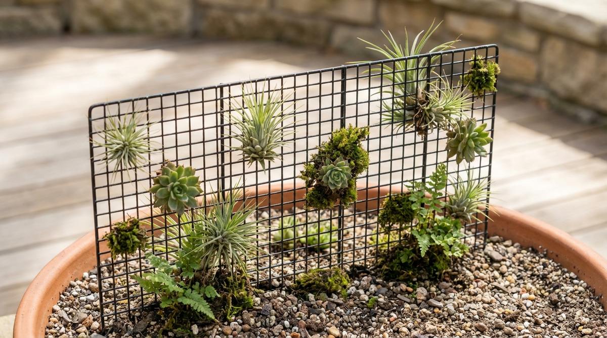 A close-up image of fine metal wire formed into square or rectangular grids, showcasing an industrial-style mini garden fence. The black powder-coated or raw silver wire in 5mm grid patterns adds structure without visual heaviness, ideal for small containers like terrariums. The fence is shown with air plants and modern succulent arrangements attached directly to the grid surface, transforming the functional boundary into a living wall as moss and tiny ferns colonize the structure.