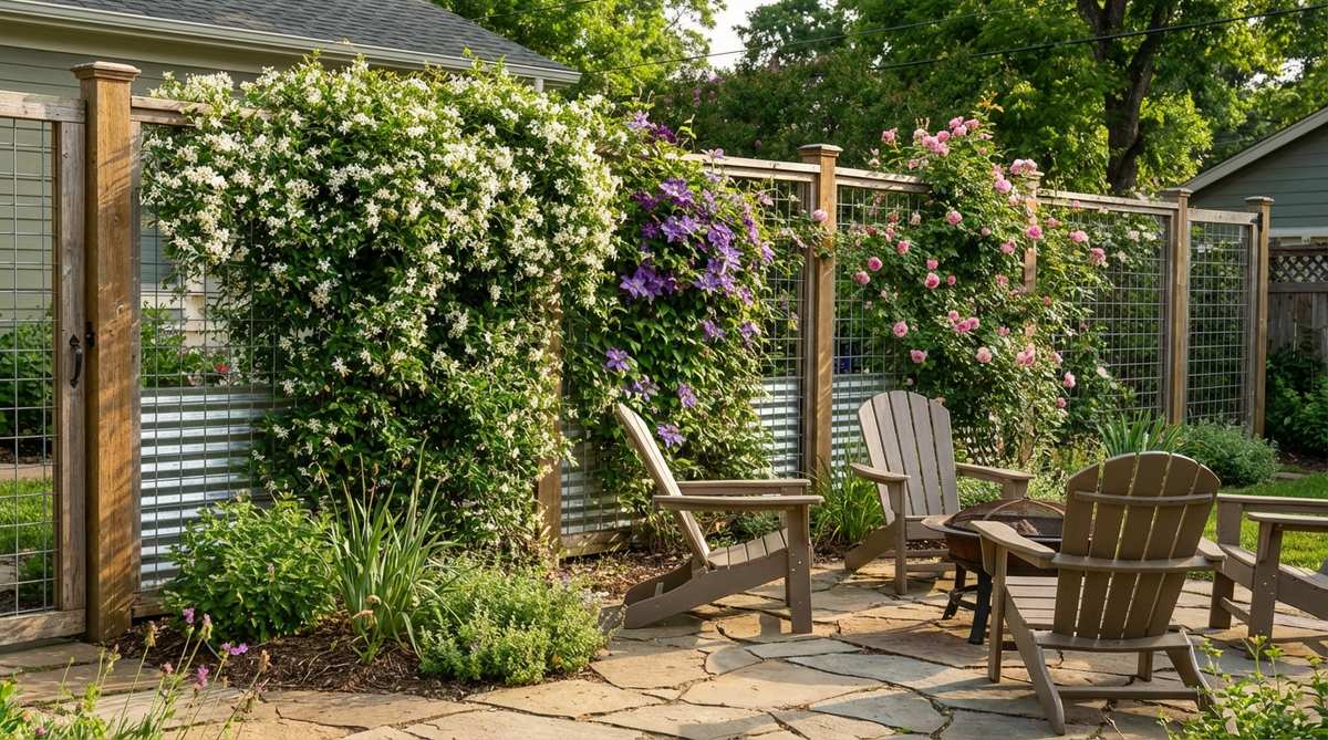 A garden fence made of galvanized wire mesh or cattle panels, covered with climbing vines such as jasmine, clematis, or roses, providing fragrant privacy and decorative screening in a garden setting.