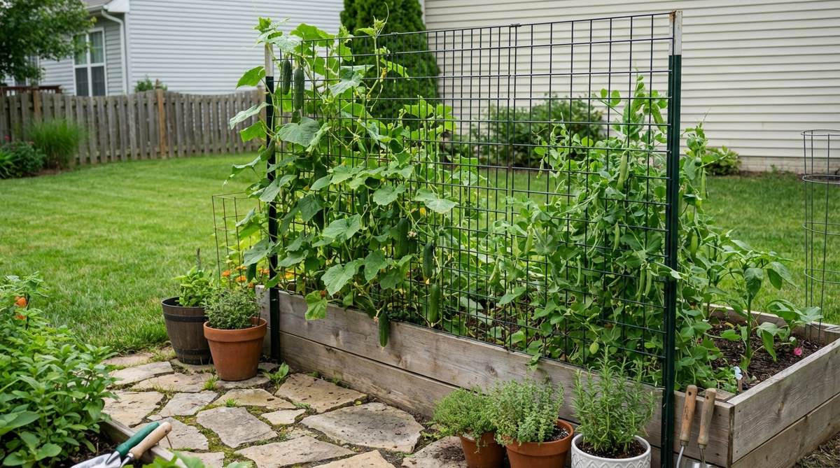 A vertical trellis made from a welded wire panel mounted on the north side of a raised garden bed, supporting vining plants like cucumbers and peas to maximize space and yield.
