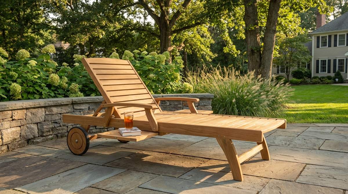 A teak or acacia wood sun lounger with integrated wheels for mobility, featuring a multi-position backrest and side tables on armrests. The natural wood grain and oil-finished surface provide organic warmth and moisture resistance, ideal for relaxing in the garden while chasing or escaping the sun throughout the day.