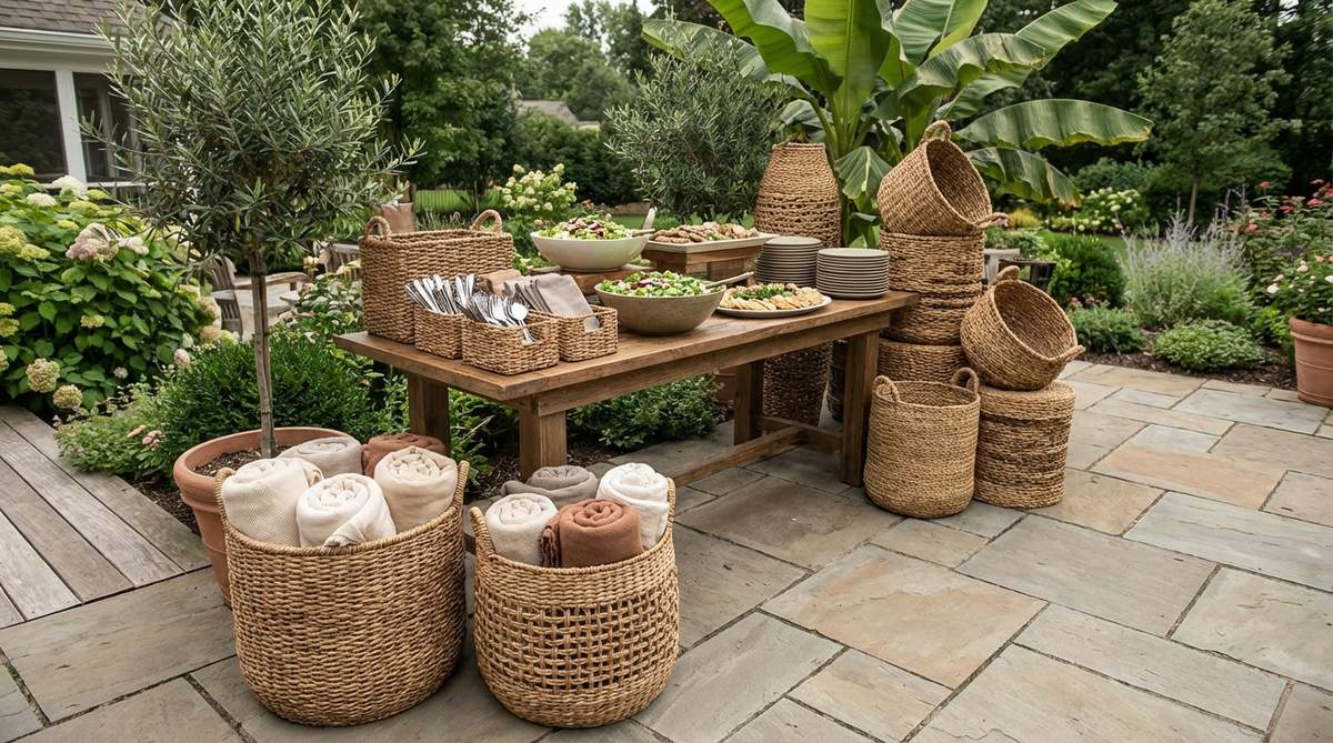 Natural woven seagrass baskets in various sizes and weaving patterns used as decorative and functional elements in boho party decor. Shows baskets filled with rolled blankets, organizing utensils at buffet stations, and stacked as sculptural pieces to create visual diversity and textural contrast with water hyacinth and banana leaf constructions.