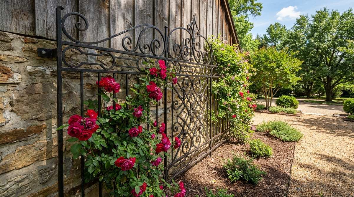 A hand-forged wrought iron trellis featuring intricate scrollwork and geometric patterns, set against a rustic outdoor backdrop. The dark metal contrasts with vibrant blooming roses and flowering vines, mounted on a wall as a vertical growing support. This durable iron trellis adds Victorian-inspired charm and authenticity to garden decor, with minimal maintenance required.