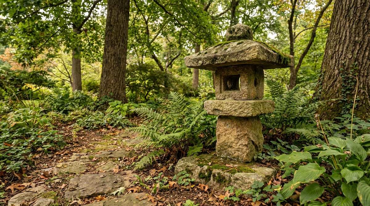 A rustic stone garden lantern with rugged, unpolished granite surfaces, designed in the Yamadoro Mountain Temple style. Features irregular textures that celebrate the stone's natural state, evoking remote mountain shrines. Ideal for naturalized garden areas with ferns, mosses, and woodland species, this lantern ages well with weathering.