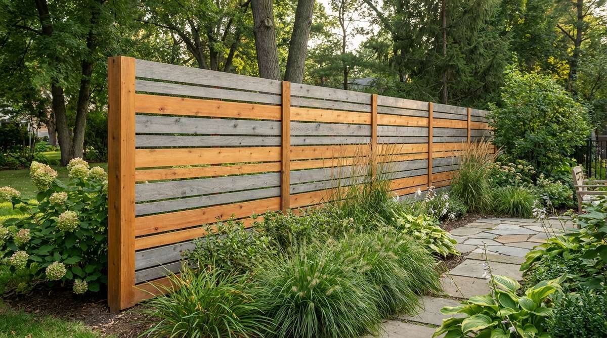 A garden fence featuring alternating width horizontal boards, with a pattern of four-inch and six-inch boards in rhythmic sequences to break visual monotony. The design uses contrasting stain tones to emphasize textural interest and dimensional variation, adding custom detailing without complex construction or high material costs.