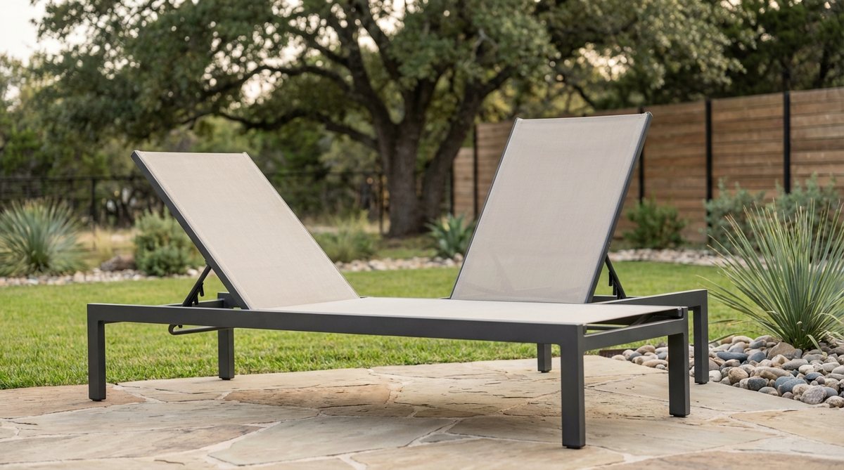 A lightweight aluminum frame sling lounger with breathable fabric, designed for comfort and durability in outdoor spaces. It features a minimalist aesthetic with clean lines, perfect for contemporary gardens, and is easy to maintain and reposition.