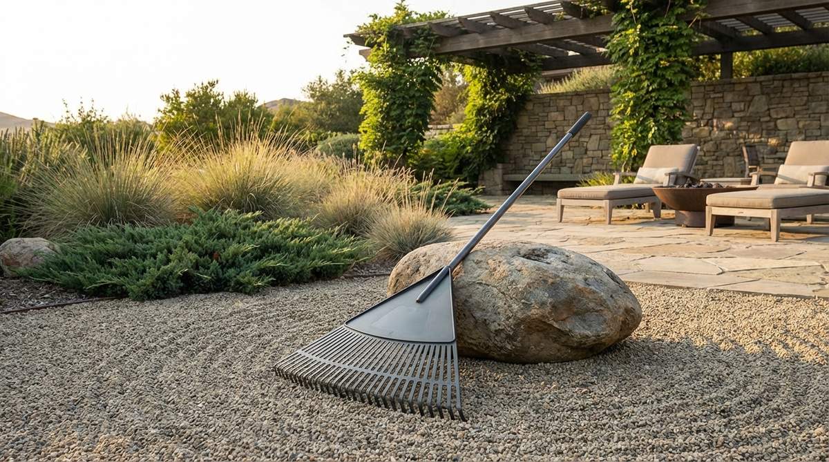 A lightweight aluminum rake designed for zen gardens, weighing 40-50% less than steel models to reduce physical strain during maintenance. Features anodized surfaces in black, bronze, or dark grey finishes that resist oxidation and complement modern landscapes, ideal for elderly gardeners or those with mobility limitations.