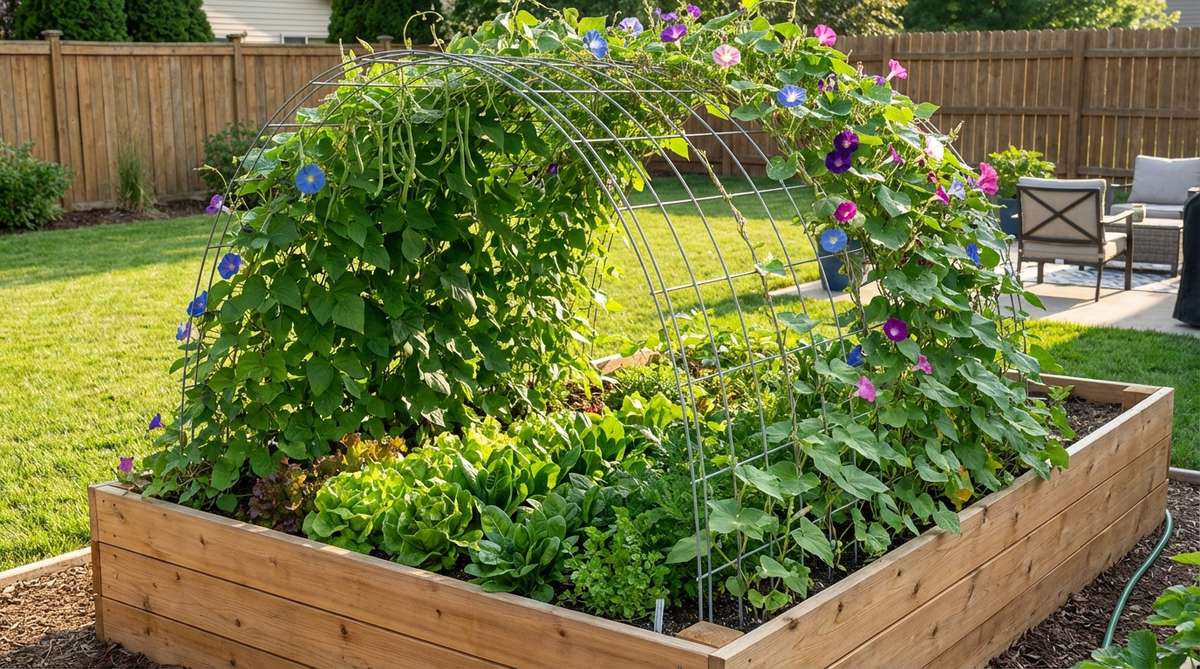 A raised garden bed featuring an arched tunnel trellis made from bent cattle panels, creating a walk-through structure ideal for growing cucumbers, pole beans, or flowering vines like morning glories. The arch provides shade for heat-sensitive crops like lettuce at the base, and the design is perfect for family gardens, allowing children to harvest from inside the tunnel.