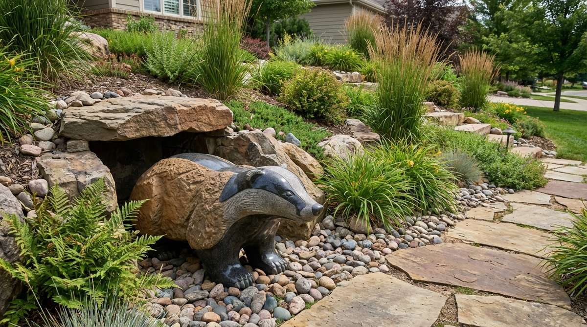 A stone sculpture of a badger emerging from its den, crafted with contrasting stone tones or polished black granite to highlight its distinctive facial markings and stocky build. Positioned at the base of slopes or rock gardens to create a naturalistic illusion, this garden art pays tribute to nocturnal wildlife often unseen in daylight hours.