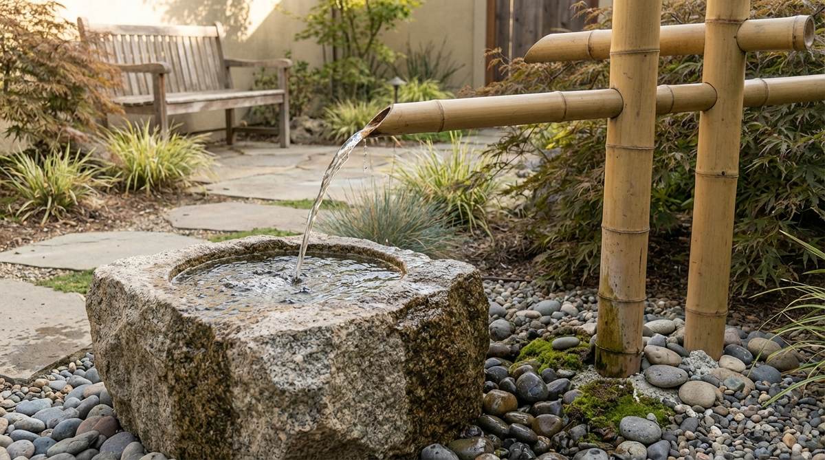 A zen garden water feature combining bamboo spouts with stone collection basins, showing water flowing from bamboo poles into a stone basin with visible water arc and splashing. The design demonstrates how bamboo provides sharp water sounds while stone adds deeper resonant tones, with bamboo securely anchored in concrete footings disguised with gravel or moss.