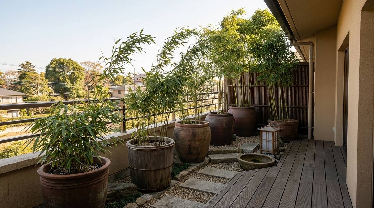 A miniature bamboo forest arrangement on a Japanese balcony garden, featuring Fargesia dracocephala (Dragon's head bamboo) in five containers of varying heights to create forced perspective. Taller bamboo specimens are positioned in the background with smaller ones in the foreground, making the balcony space appear deeper while the weeping culms sway gracefully in the breeze.