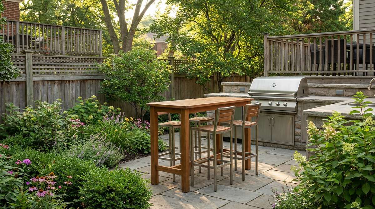 A tall, narrow bar-height table positioned in a garden corner with two bar stools tucked underneath, creating a cafe-like atmosphere with minimal space usage. Ideal for placement near outdoor kitchens or grill stations, offering elevated views over garden beds or balcony railings.