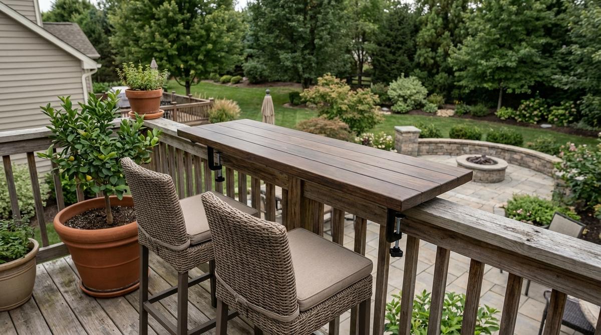 A bar-height table clamped onto a balcony railing, providing an elevated surface for dining or drinks with an adjustable design for various rail widths and shapes.