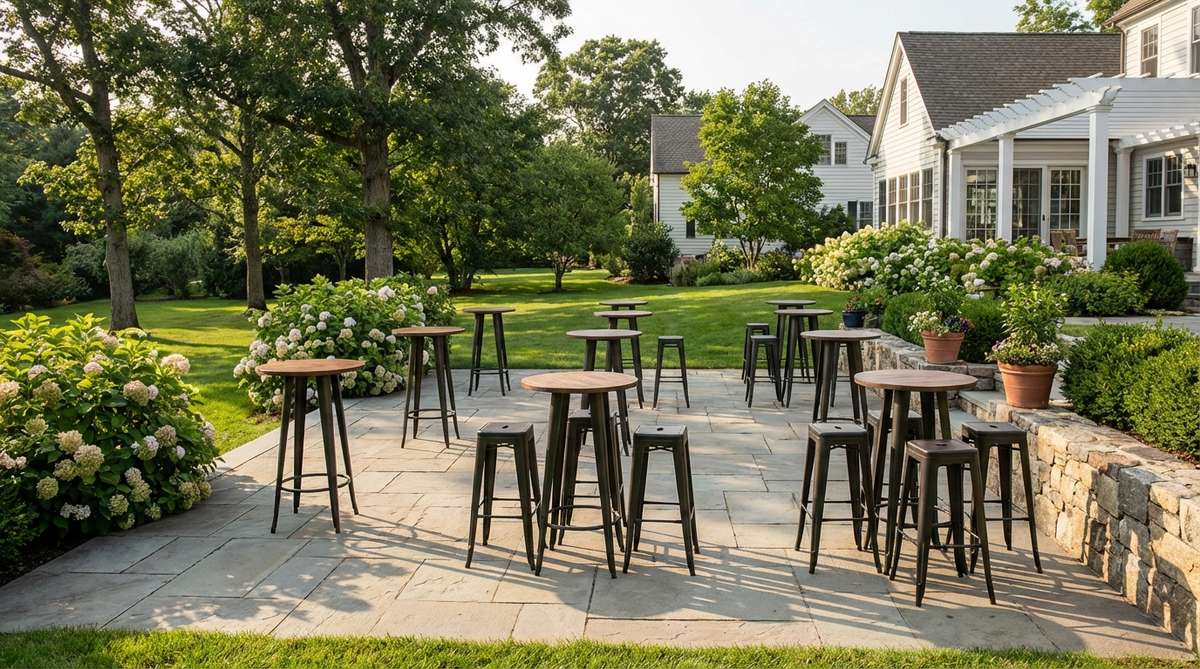 Tall cocktail tables arranged throughout a garden for efficient mingling during parties, with bar-height stools for optional seating while maintaining a lively standing atmosphere.