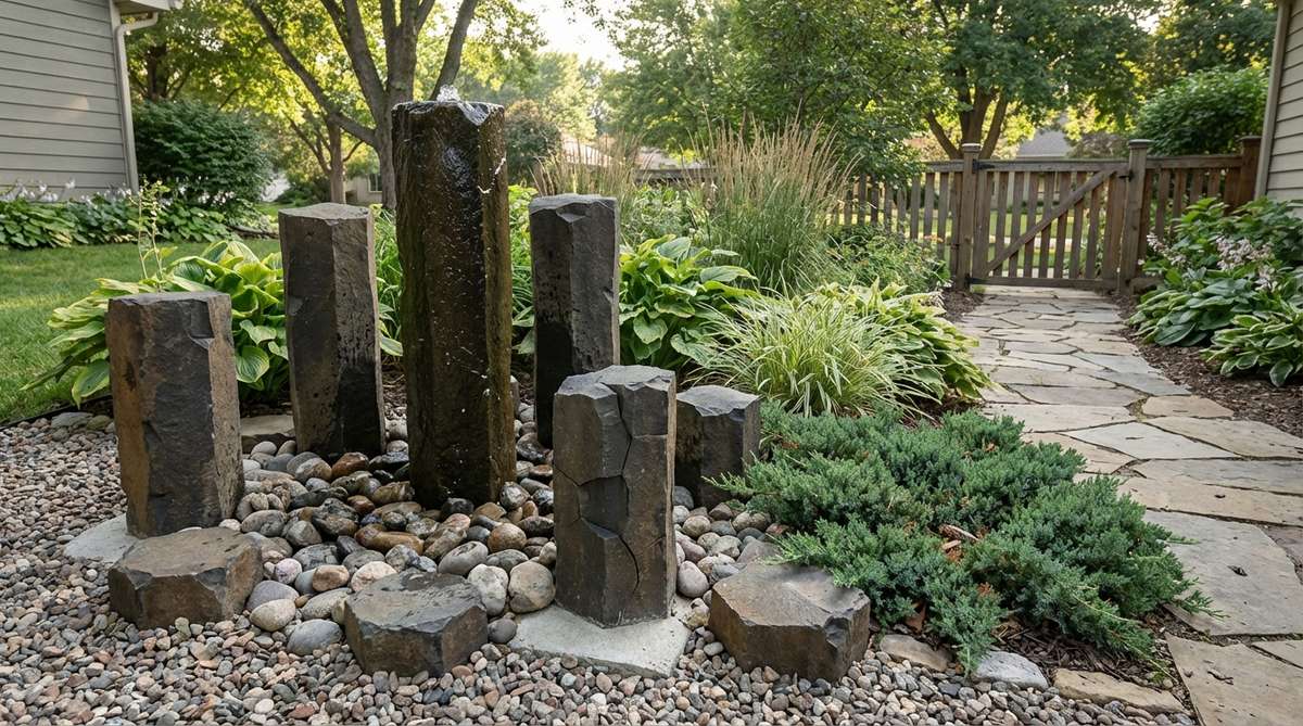 Vertical basalt column markers ranging from 18 to 48 inches tall, showcasing their dark volcanic stone texture and natural hexagonal fractures. The columns are positioned in a garden setting, creating dramatic contrast against green foliage and lighter aggregates, with some partially buried in concrete footings for stability. The image highlights their use as focal points or in small groups to define entry zones, and may show water features creating striking effects as water films over the dark stone surfaces.