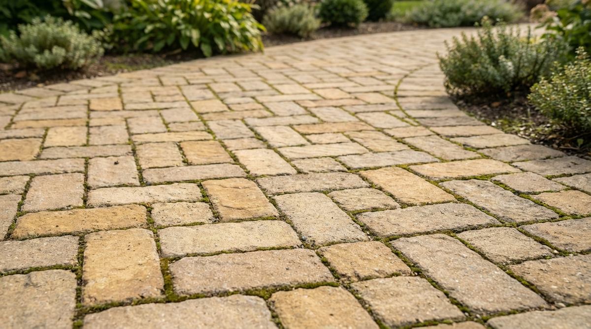 A close-up photo showing basket weave sandstone paving in a garden path. The pattern features alternating horizontal and vertical pairs of rectangular sandstone pavers creating a woven textile appearance. The natural stone texture and color variations are visible, demonstrating how this pattern conceals slight dimensional differences. Suitable for secondary pathways and patio borders with moderate interlocking strength.