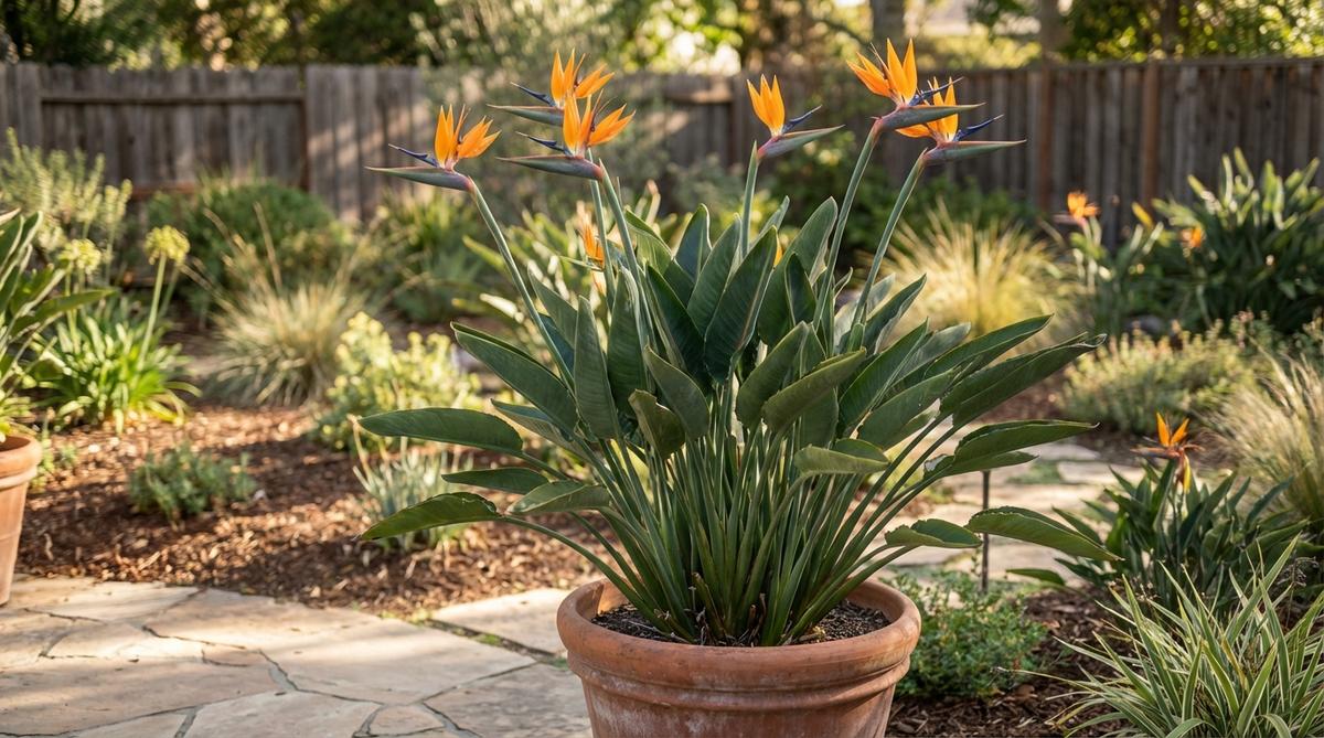 A close-up image of a bird of paradise plant showcasing its rigid, banana-like leaves arranged in fan patterns and exotic orange and blue flowers on tall stalks, positioned as a specimen plant in a container or garden bed to add architectural contrast and seasonal color to tropical garden designs.