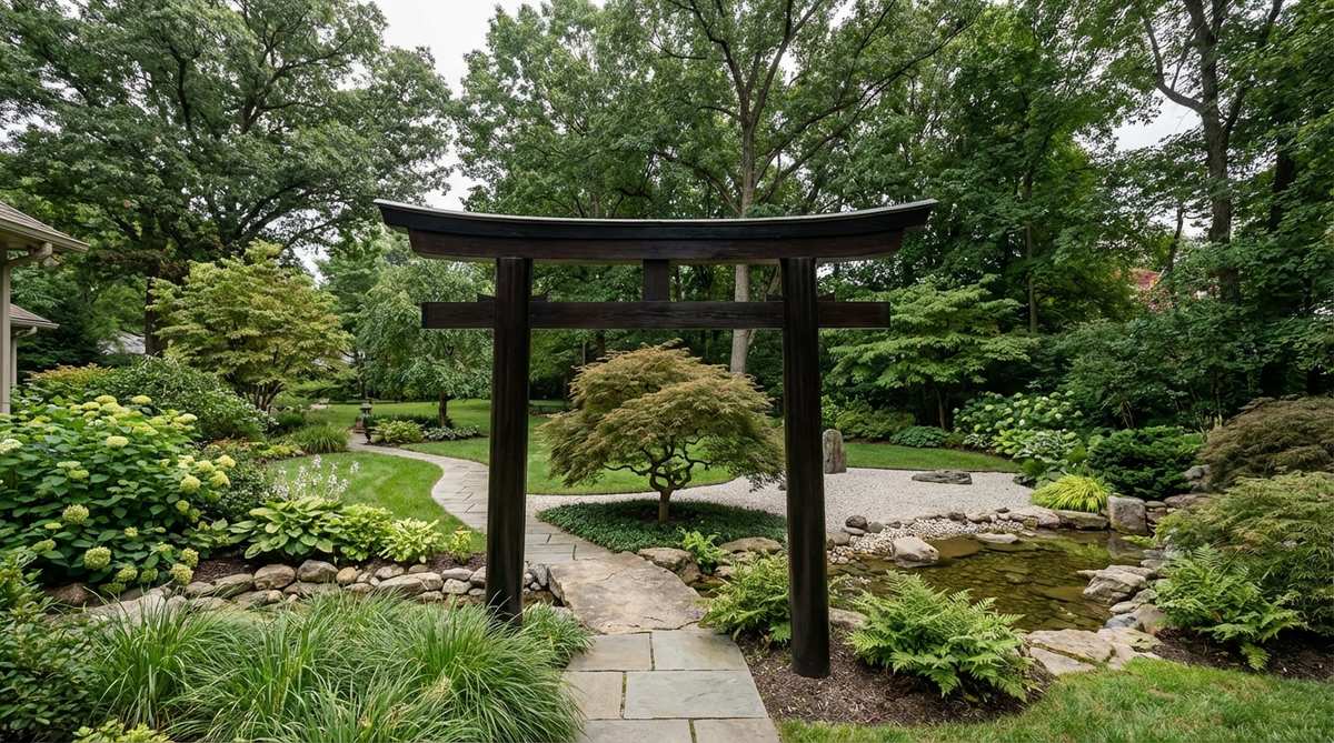 A traditional Japanese torii gate finished with black urushi lacquer, providing a sophisticated alternative to vermilion staining. The deep black finish offers weather protection while creating a formal presence suitable for minimalist landscapes. This black torii visually recedes compared to red versions, directing attention toward framed garden views rather than the gate itself, making it ideal for contemporary interpretations of Japanese design principles.