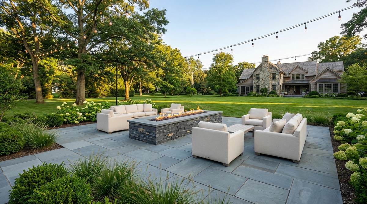 A contemporary wedding reception platform featuring large-format bluestone pavers in rectangular shapes with a sophisticated blue-gray color. A stone-clad fire pit or linear fire feature provides visual drama and warmth for evening gatherings, creating intimate conversation zones for guests at modern garden weddings.