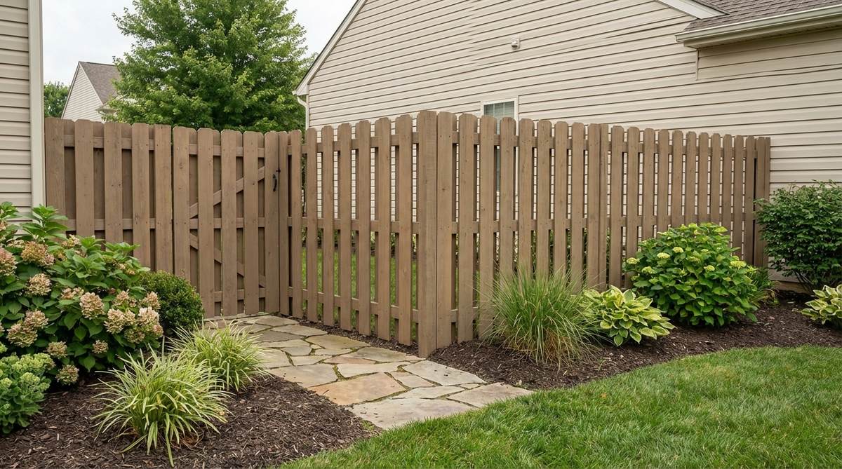 A board-on-board shadow box fence in a small garden setting, showing vertical pickets attached to alternating sides of horizontal rails to create depth and privacy. The overlapping boards allow air circulation and present an attractive layered appearance from both sides of the boundary.