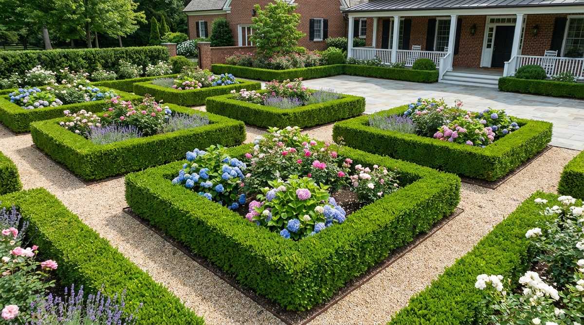 Low clipped boxwood hedges defining bed edges and pathways with classic formality, featuring tight, fine-textured foliage that creates clean boundaries for colorful plantings in a structured frame.