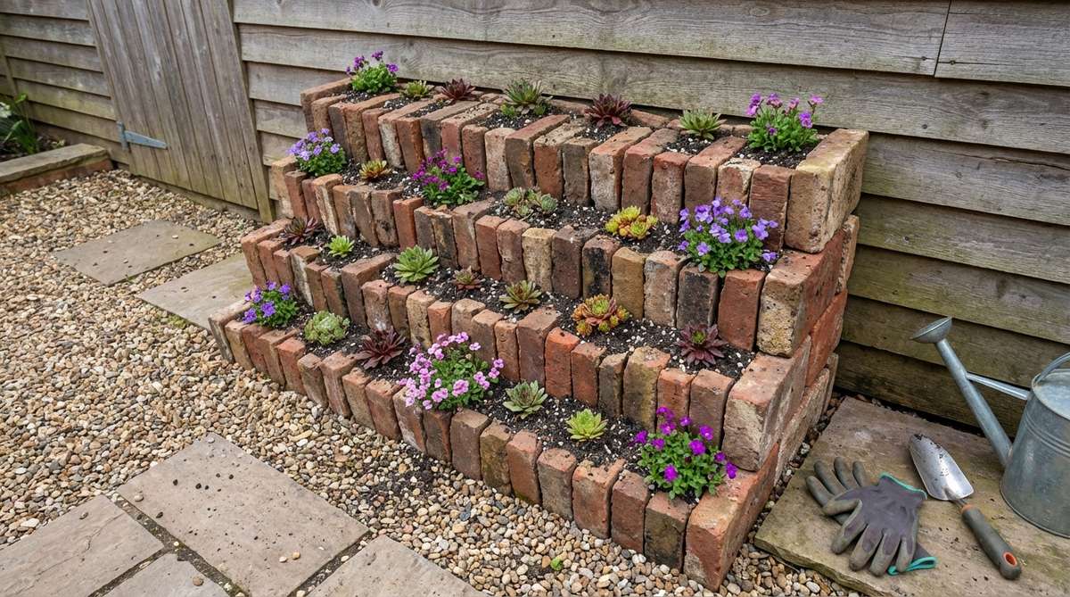 A vertical brick crevice garden made from salvaged bricks stacked on edge, creating planting channels filled with gritty soil and planted with houseleeks and rock cress. The structure leans against a wall for stability, showing how this small garden rockery design combines structured brick patterns with organic plant growth.