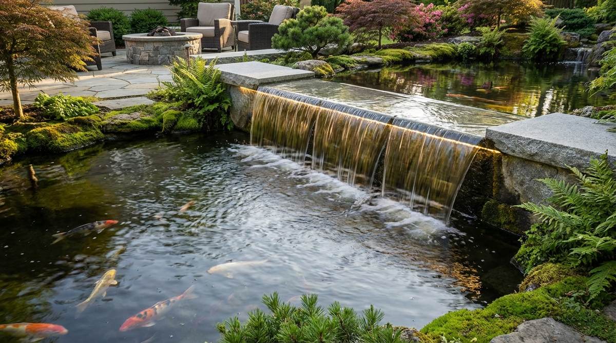 A wide, smooth stone edge 4-6 feet across creates a thin sheet of falling water in a Japanese garden pond, catching sunlight and producing gentle ambient sound. The design requires precise leveling of the weir stone for uniform water distribution, serving as a backdrop feature for viewing koi against the moving water curtain, with LED lighting behind the waterfall illuminating water columns for evening viewing.