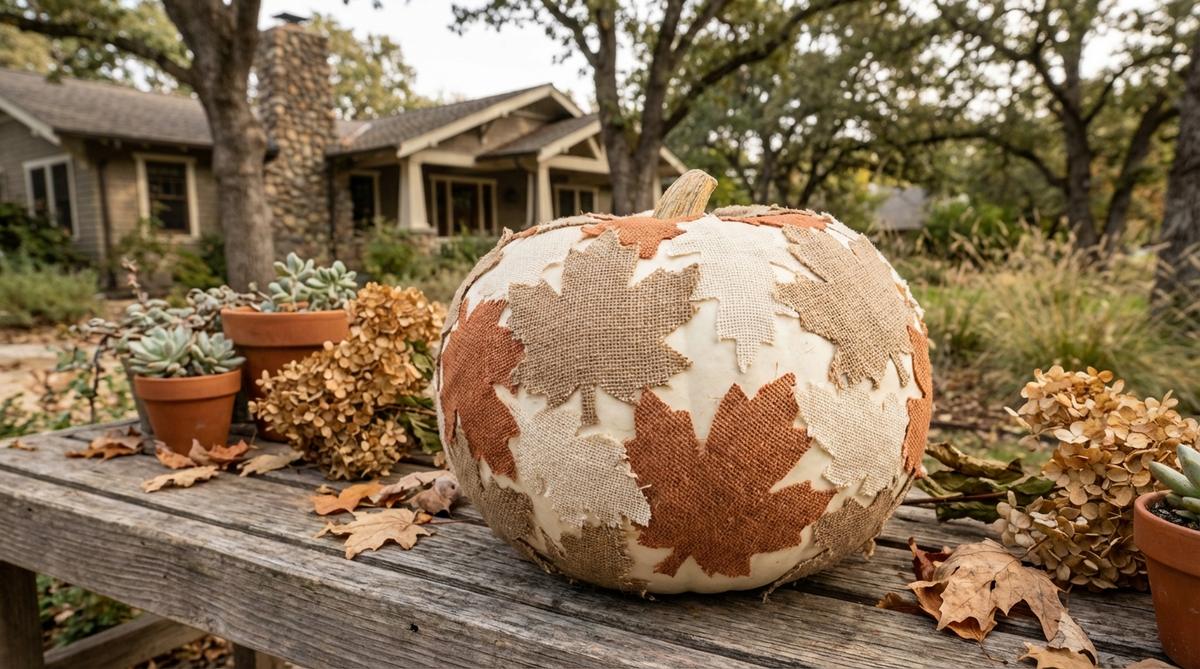 A close-up image showcasing a white pumpkin decorated with burlap leaf shapes in natural, rust-dyed, and cream-washed shades, arranged in an overlapping collage pattern. The burlap's textured weave adds a tactile, dimensional surface, perfect for boho Halloween centerpieces and autumn decor. This DIY project involves decoupaging fabric leaves onto the pumpkin with matte medium, creating an inviting, rustic look that enhances seasonal arrangements.