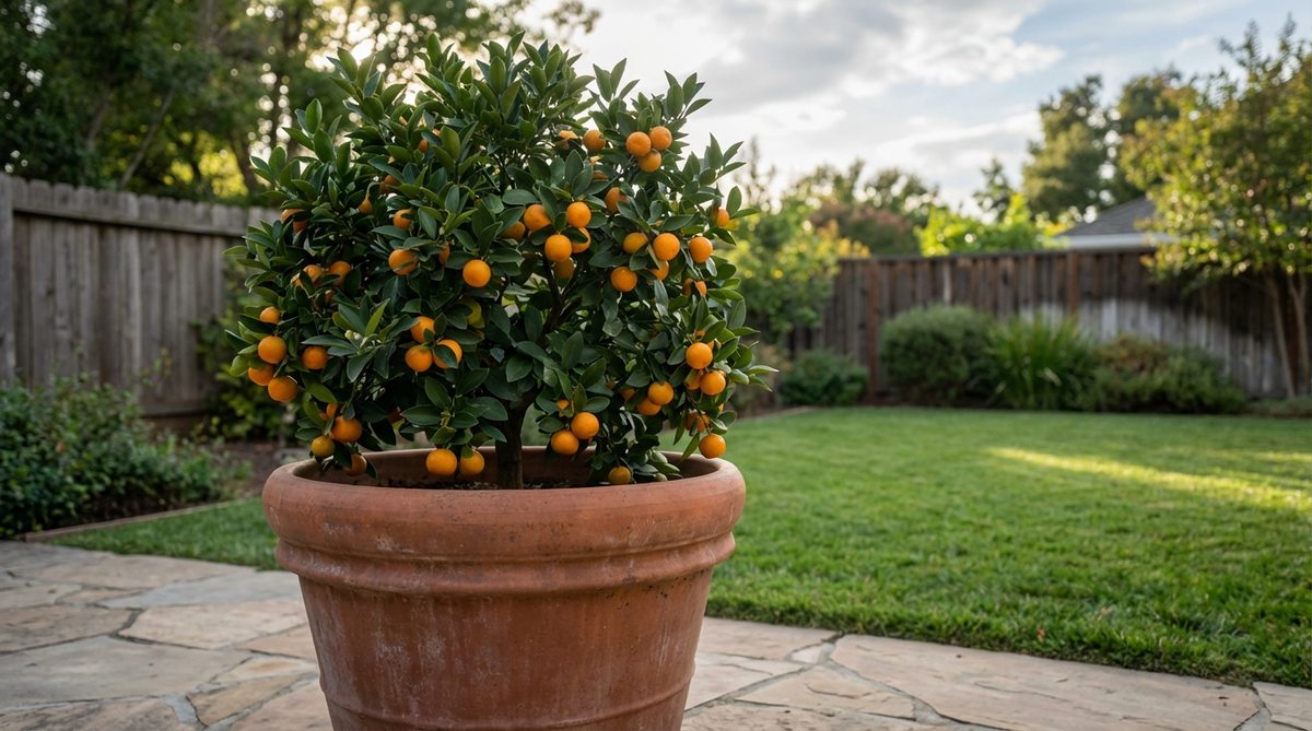 A compact Calamondin orange tree, ideal for small gardens or indoor growing, showcasing abundant miniature oranges on dense branches. This tree thrives in lower light conditions, making it perfect for east or west windows, and its tart fruit is excellent for marmalade and garnishes. With a formal appearance due to small leaves and dense growth, it adds ornamental value even when grown for decoration.