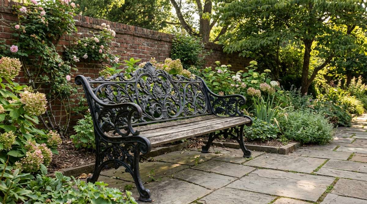 An ornate cast iron garden bench featuring elaborate floral motifs and scrollwork, positioned in a rustic garden setting with wooden seat slats for comfort. The substantial iron framework provides permanent seating while maintaining visual lightness through openwork construction.