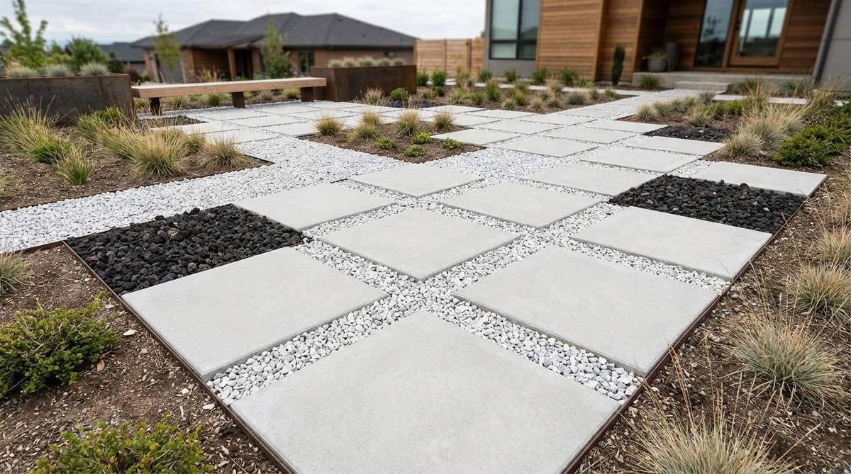 A modern zen garden featuring a checkerboard pattern created by alternating 24-inch concrete squares with gravel-filled voids. The design provides flexible circulation routes while maintaining visual regularity, with pavers set level with the surrounding grade for easy maintenance. White crushed stone or black lava rock fills the voids for high contrast, and the grid system adapts to irregular lot shapes through strategic paver omission, balancing structure with permeability.