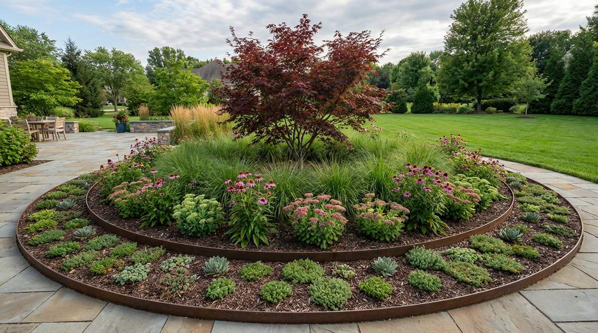 A contemporary circular garden bed serving as a focal point, featuring smooth metal edging, radial planting with specimen plants at the center and concentric rings of decreasing height, designed for 350-degree viewing in courtyard or lawn settings.