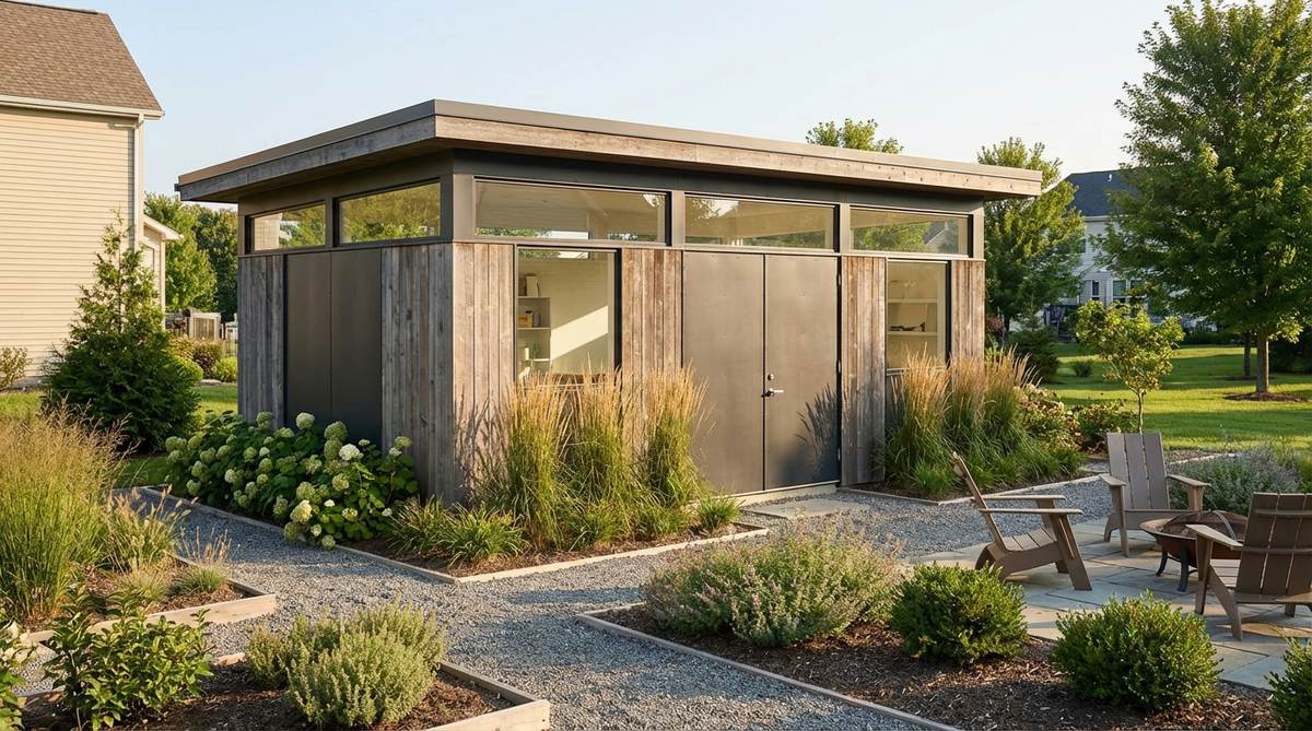 A modern garden shed featuring high horizontal clerestory windows positioned just below the roofline, allowing natural daylight to penetrate deeply into the interior while maintaining privacy and wall storage space. The design includes light-colored interior walls to enhance reflection and ambient brightness, suitable for urban settings or as a home office retreat.