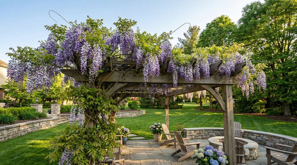 A lush climbing vine, such as wisteria or clematis, growing over a small garden pergola, providing natural shade and seasonal beauty with support wires guiding its growth.