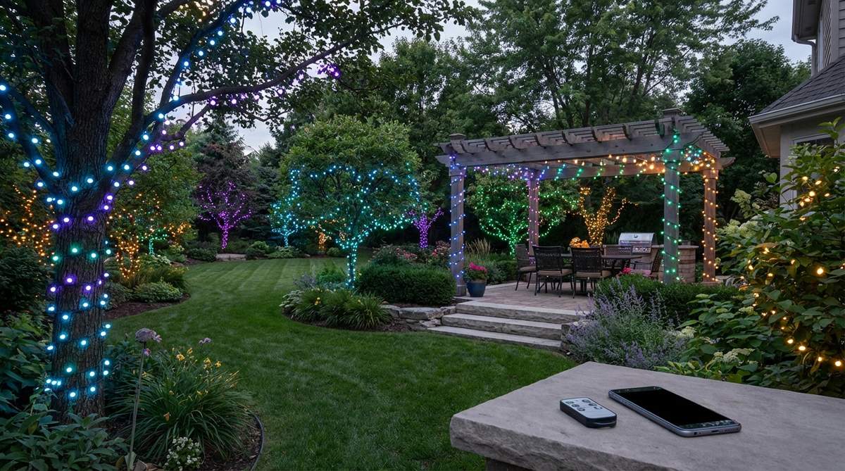 A vibrant display of color-changing RGB LED strings, ideal for outdoor decor and themed events, featuring wireless controls, pre-programmed modes, and smartphone adjustment capabilities.