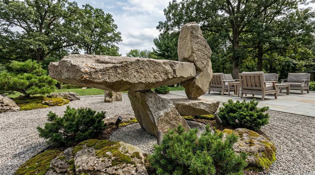 A modern concrete boulder sculpture mimicking natural stone shapes with aggregate-exposed texture, achieving impossible balance points and cantilevered arrangements. This piece references traditional Buddhist stone stacking and serves as a focal point in a Japanese rock garden, with potential for hidden uplighting for nighttime displays.