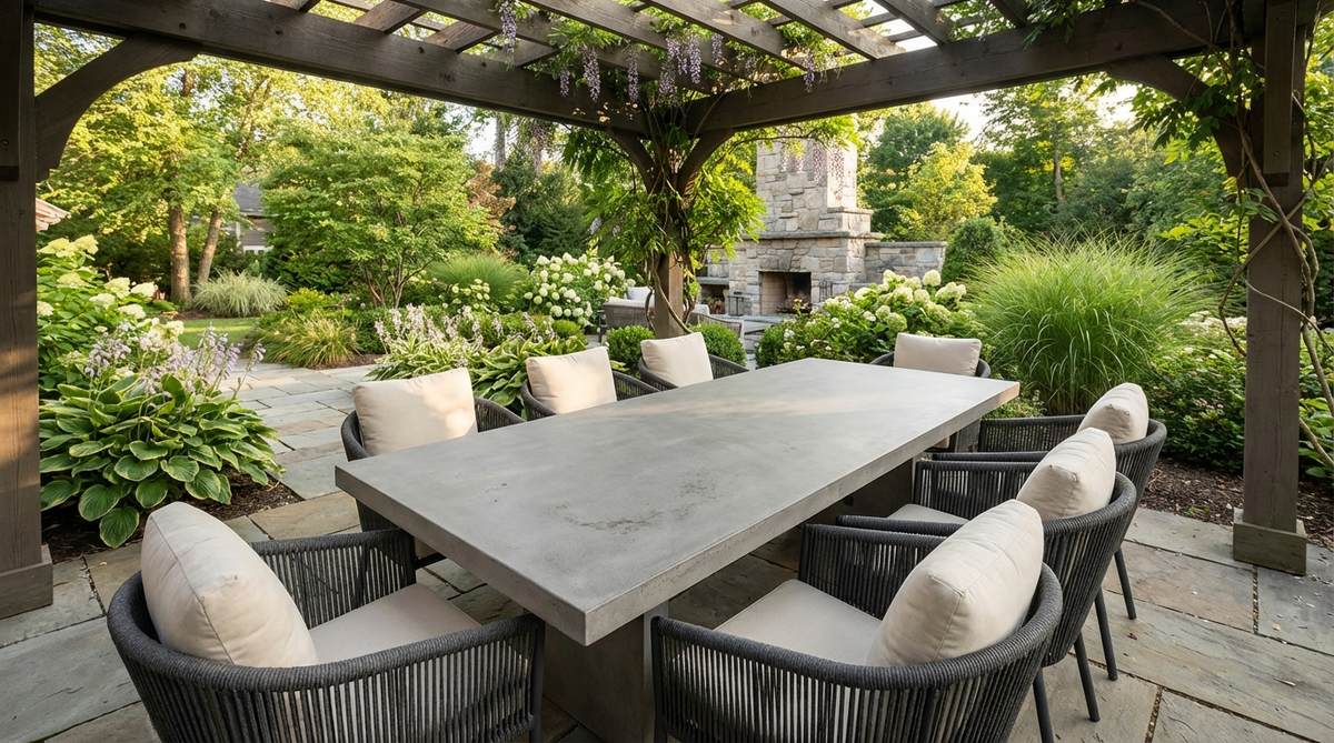 A lightweight concrete composite dining table with a slim rectangular form, featuring a matte surface texture that provides subtle visual interest through natural variations. The table anchors an outdoor dining area with a sculptural presence, positioned beneath a pergola to protect from extreme temperature fluctuations, and paired with rope or mesh chairs to balance its solidity with lighter seating elements.