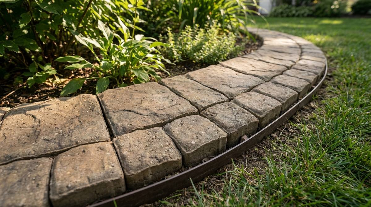 A close-up image showing concrete pavers used as stone edging in a garden, featuring interlocking units with concealed tabs for structural stability, replicating natural stone patterns like flagstone or cobble, with edge restraints visible to prevent movement in high-traffic areas.