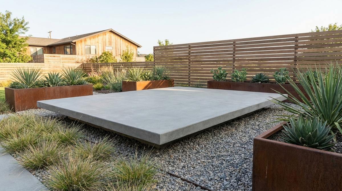 A minimalist garden featuring a poured concrete slab seating platform that serves as both functional seating and a visual anchor. The smooth concrete surface creates a striking contrast with surrounding organic plant textures and gravel, appearing to float seamlessly within the landscape. The neutral gray tone of the concrete complements various design styles while maintaining clean, modern aesthetics.