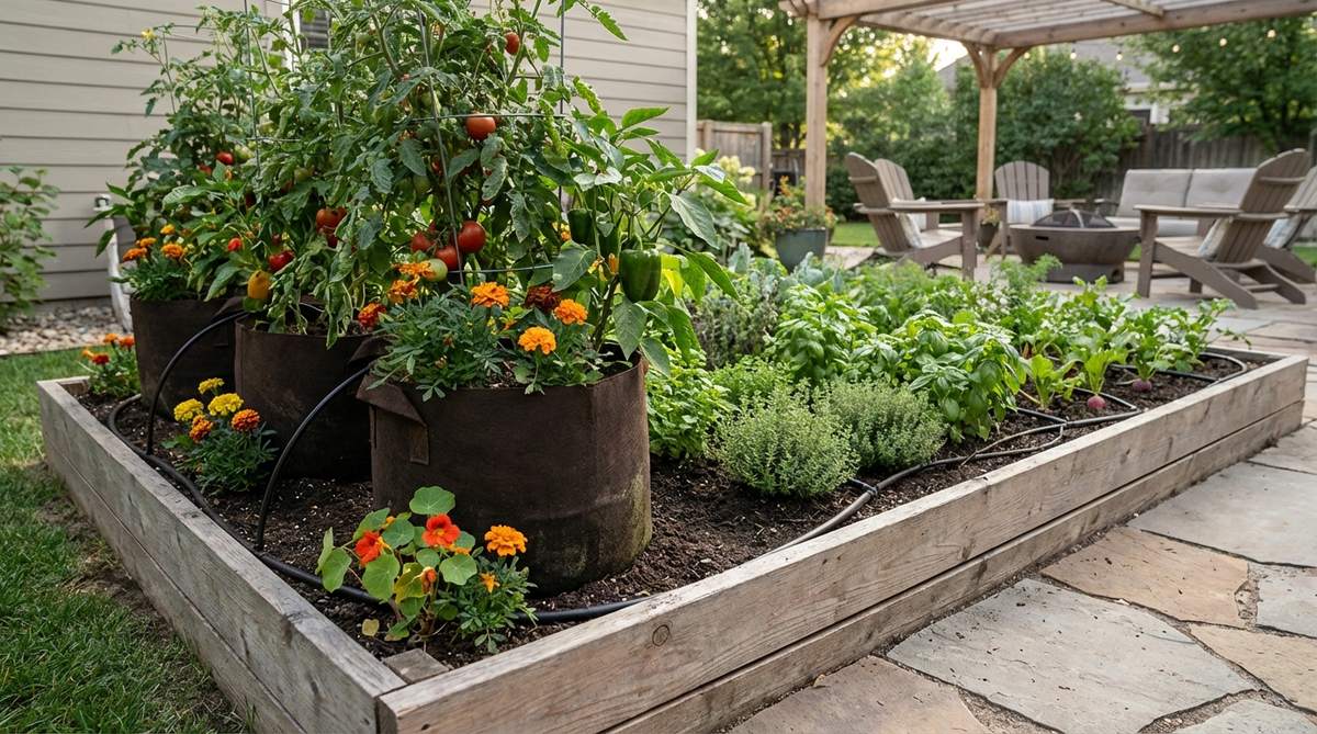 A low raised bed with a wooden or masonry border, 8–12 inches high, acting as a curb along a patio edge. Large containers or grow bags are placed inside the bed, partially hidden by the bed soil, creating a layered and lush effect. The setup includes drip irrigation for both the bed and containers, with root vegetables and low herbs in the bed, and tomatoes, peppers, and flowers in the containers for flexible gardening.