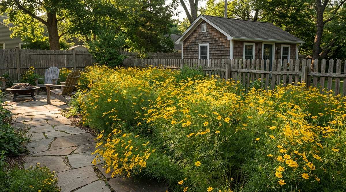 A close-up photo of Threadleaf Coreopsis, showcasing its fine-textured mounds and golden yellow flowers blooming from June through August. The image highlights the plant's airy appearance, which allows for visual layering without dense foliage, ideal for small garden cottages. It is positioned to demonstrate the woven mat effect when spaced 10 inches apart, emphasizing its tolerance for neglect and poor soil in low-maintenance settings.