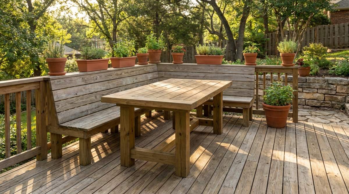 An L-shaped bench built into a corner of a small garden deck, with a fixed table in front, creating a dedicated dining zone that efficiently uses space and seats four to six people, attached to the deck frame for stability.