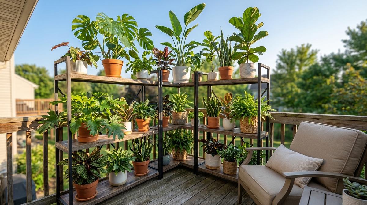 A tall corner shelving unit densely populated with tropical foliage plants, creating a lush jungle effect on a balcony. The metal or wood shelves hold an abundance of potted plants with mixed leaf shapes and textures, utilizing compact space efficiently. Light-hungry plants are positioned on upper shelves for maximum sun exposure, while shade-tolerant species thrive on lower levels beneath the canopy.