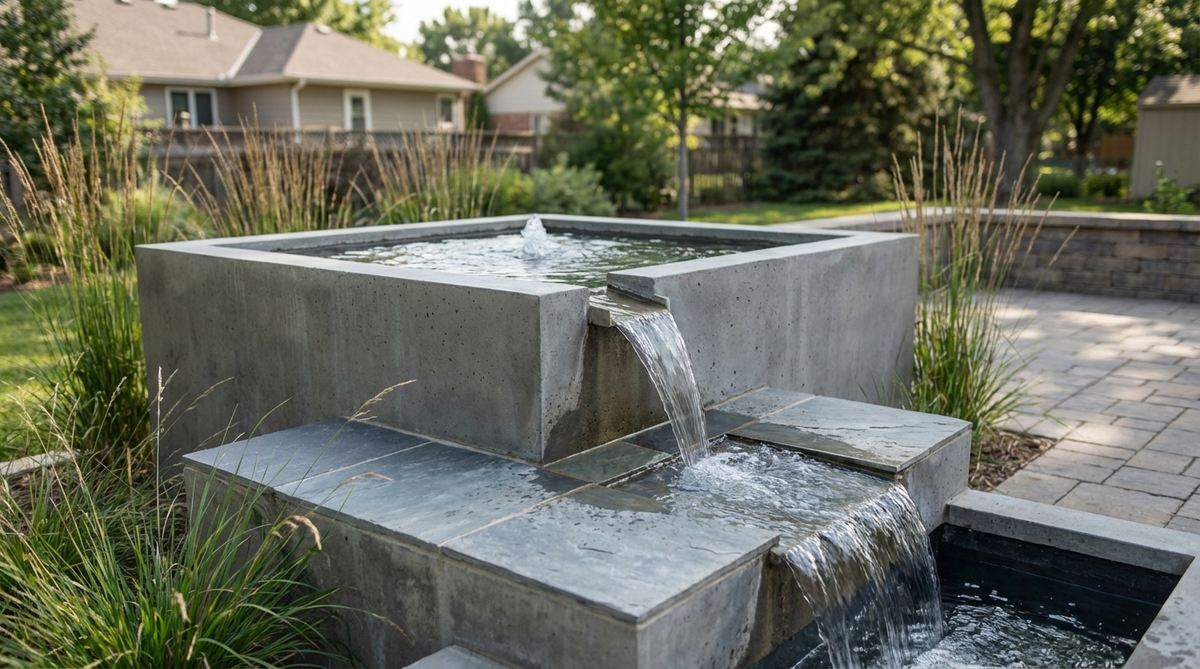 A modern garden fountain featuring a cubic basin with water emerging from one corner and flowing diagonally across the surface before dropping into the reservoir. The design contrasts diagonal water flow with the orthogonal geometry of the container, suitable for various scales from tabletop to plaza installations.