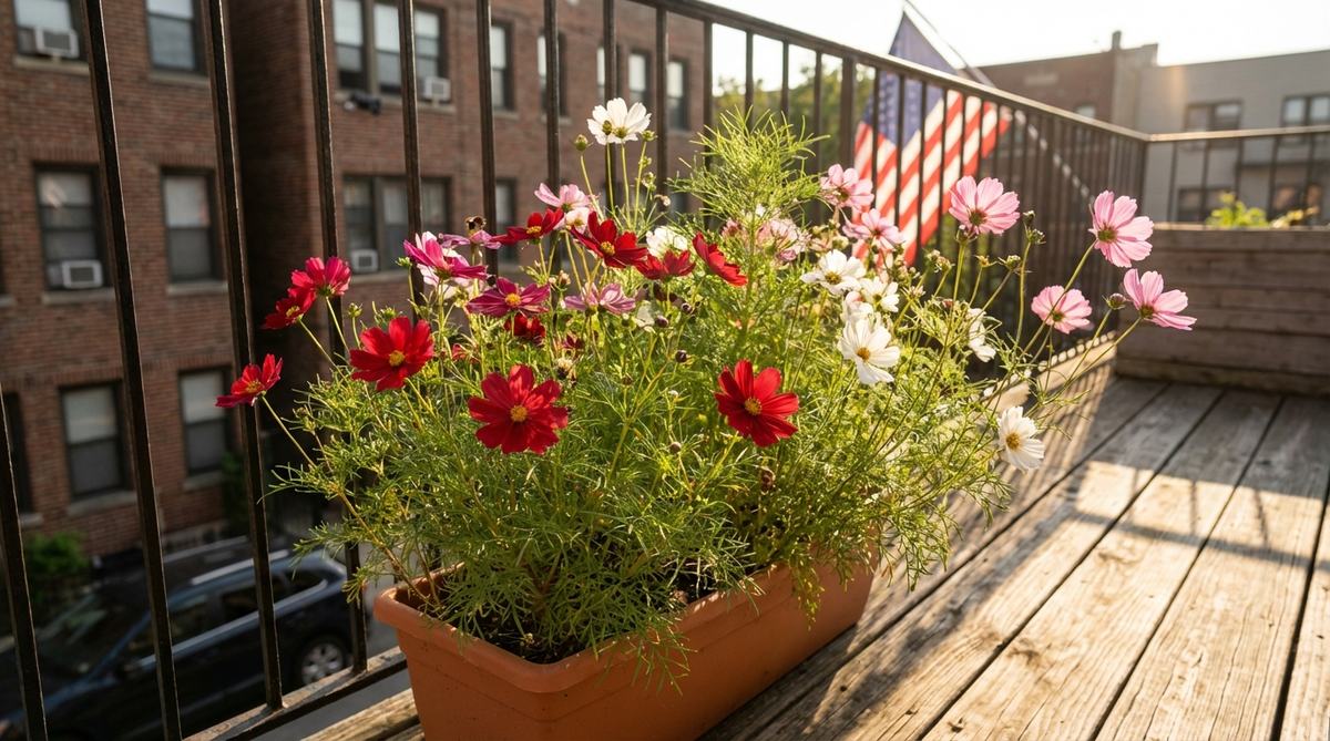 A close-up photo of vibrant cosmos flowers with daisy-like petals on slender stems, growing in a container on a sunny balcony. The image showcases the plant's airy structure and colorful blooms that attract pollinators while thriving in urban settings with minimal care.