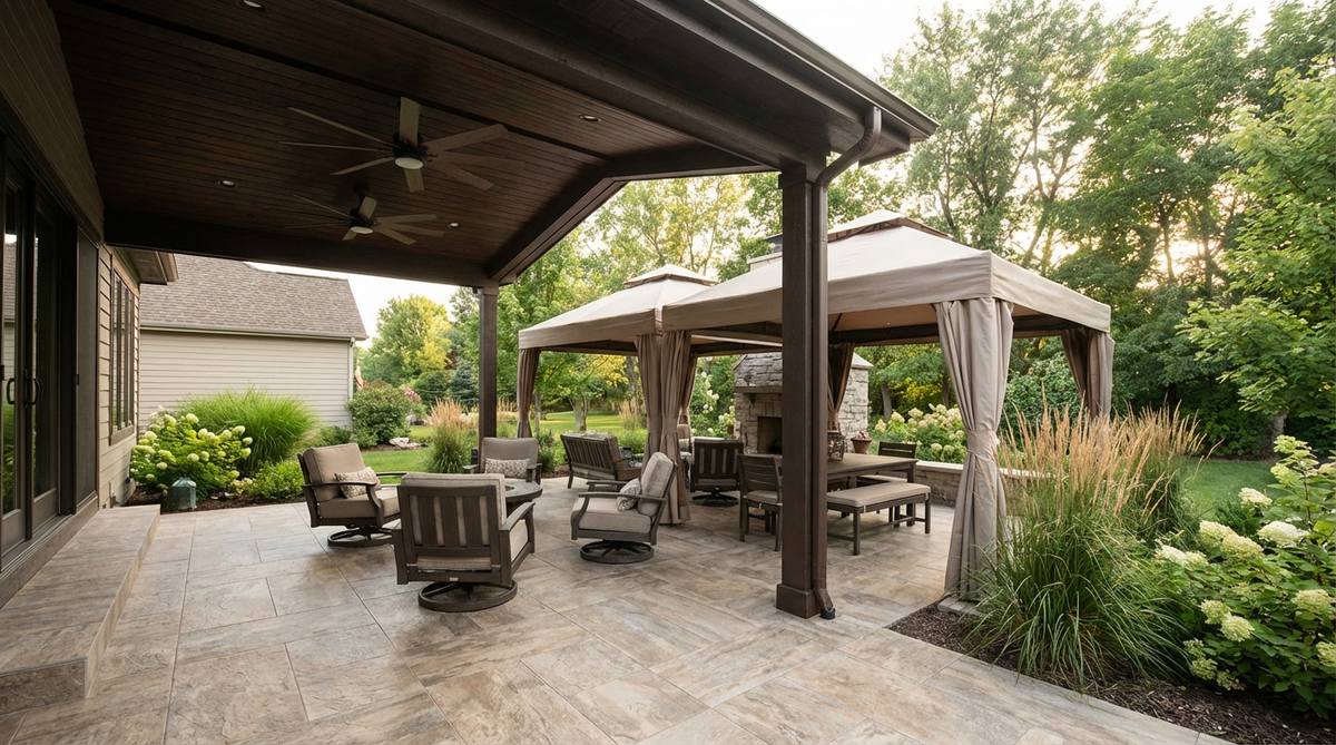 A covered patio extension with roof overhangs and freestanding canopies, designed for seamless indoor-outdoor flow. Features ceiling fans for air circulation, transitional flooring like stamped concrete or porcelain tile, and orientation to capture breezes while blocking harsh sun.