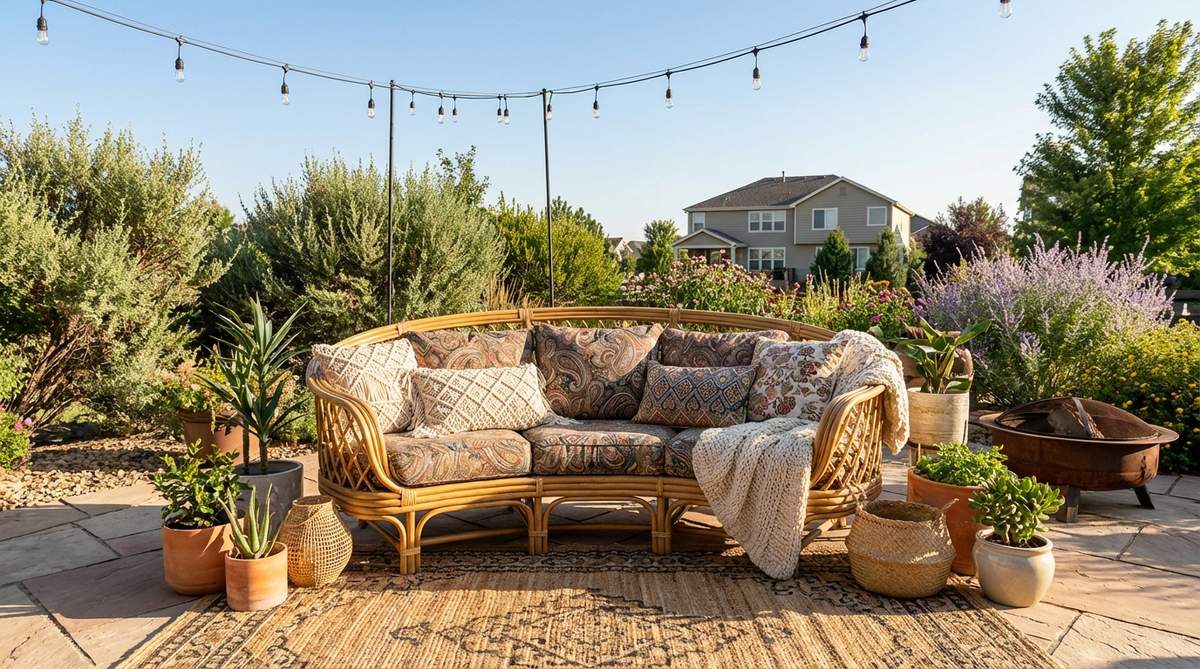 A three-seater curved rattan sofa with rounded back and arms, featuring deep cushions in multiple patterns and textured throws, positioned as a conversation centerpiece in a boho garden patio setting.