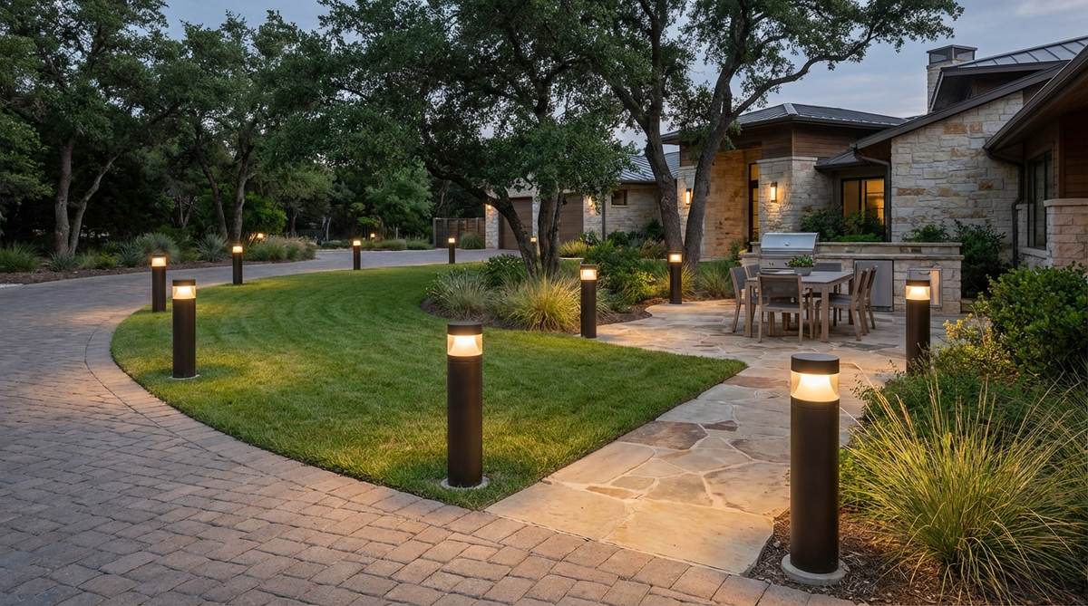 Modern cylindrical bollard lights in brushed aluminum or dark bronze finish, providing ambient illumination at standing height. These freestanding column lights feature a sleek cylindrical form that complements contemporary outdoor decor, ideal for positioning along driveways or around dining areas to enhance safety with soft, adjustable lighting.