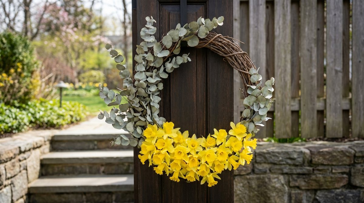 A half-moon wreath featuring yellow daffodils clustered at the bottom arc and silver-dollar eucalyptus extending upward, ideal for narrow door panels or gate installations in Easter outdoor decor. This asymmetrical design uses fewer materials for high visual impact, with eucalyptus that dries naturally to maintain color through the season, requiring only fresh daffodils every ten days for refreshing.