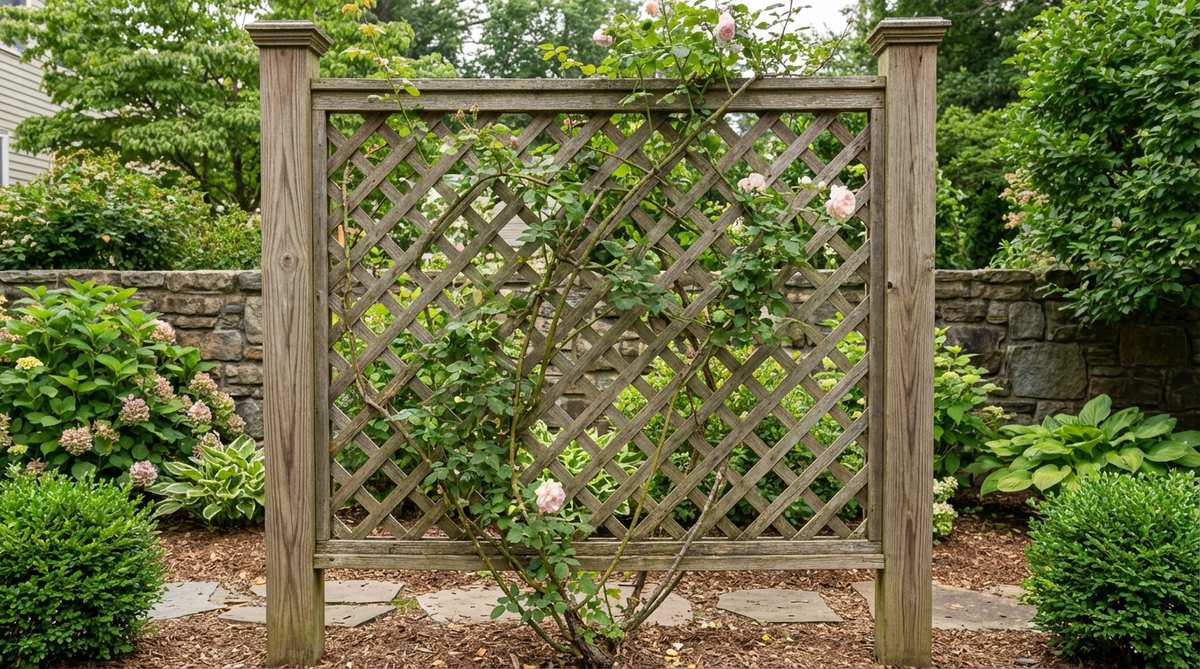 A traditional diamond-pattern lattice panel used in garden design for training and supporting roses, with 4-6 inch spacing for cane thickness, attached to posts or walls for visual movement and structural stability.