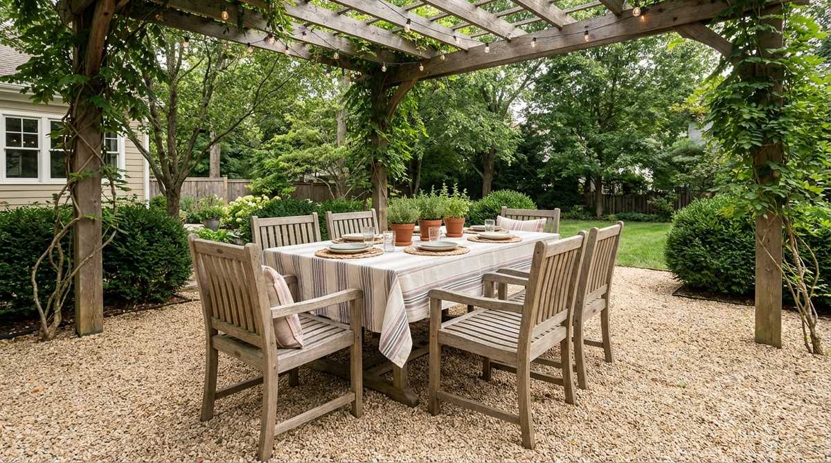 A European-style outdoor dining area featuring pea gravel flooring under a pergola structure. The gravel provides stable footing for dining furniture while creating a casual bistro atmosphere with string lights overhead and weather-resistant table linens. The permeable pea gravel surface handles spills effectively without staining.
